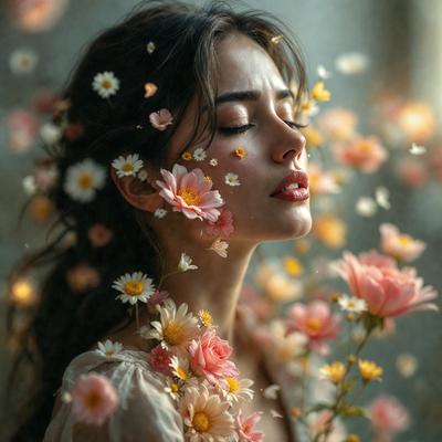 The primary subject of the image is a woman with a flower in her hair. She is surrounded by a field of flowers, which adds a sense of beauty and serenity to the scene. The setting appears to be a garden or a natural outdoor environment. The visual style of the image is a combination of photo and digital art, creating a unique and artistic representation of the woman and the flowers. The dominant colors in the image are pink and yellow, which contribute to the overall mood of the scene, evoking feelings of warm
